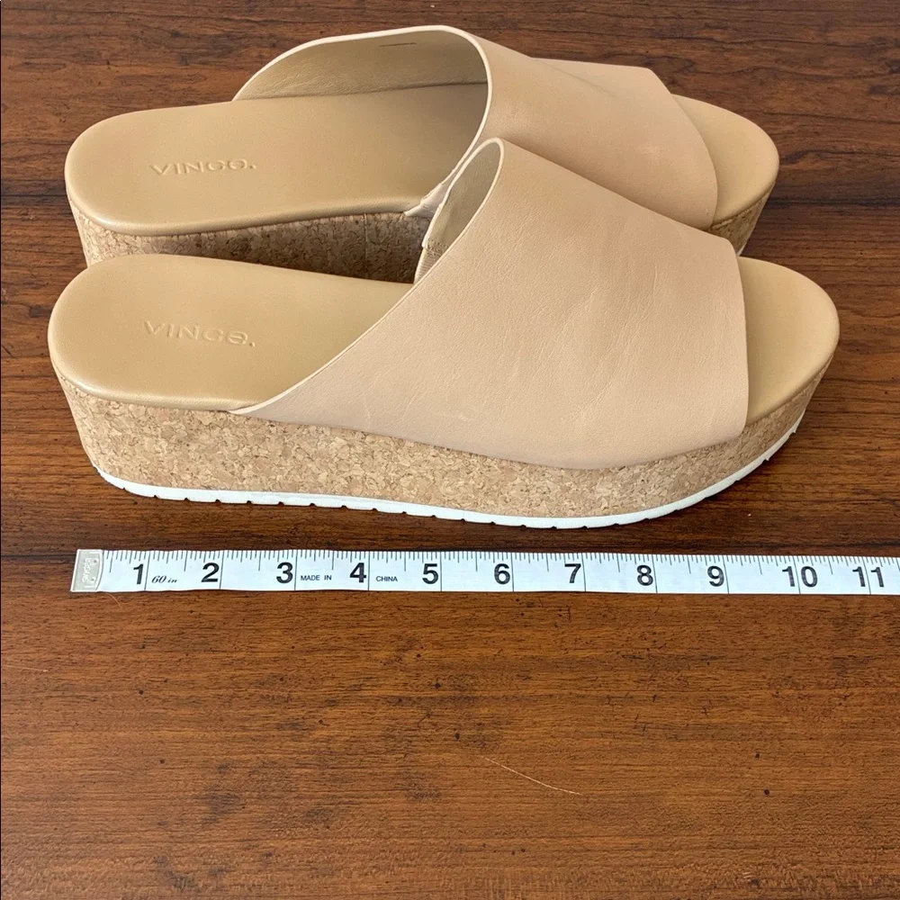 VINCE Women US 10M Cappuccino James-B Leather Platform Sandals‎ Slides